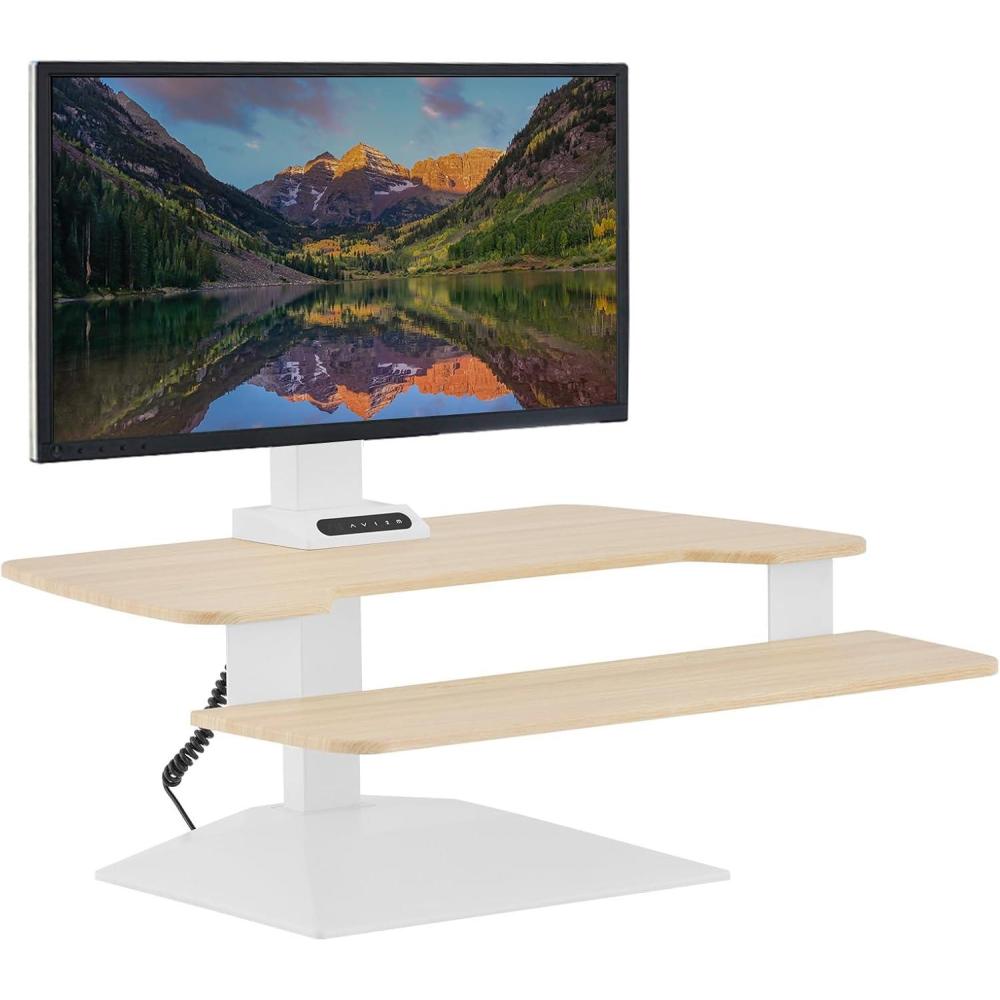 imageVARI VariDesk Premier Electric Converter AllinOne Standing Desk Height Adjustable Riser with USBA and USBC  Ideal for Home Office Workspace  Dual Monitor Mount Computer Workstation BlackLight Wood