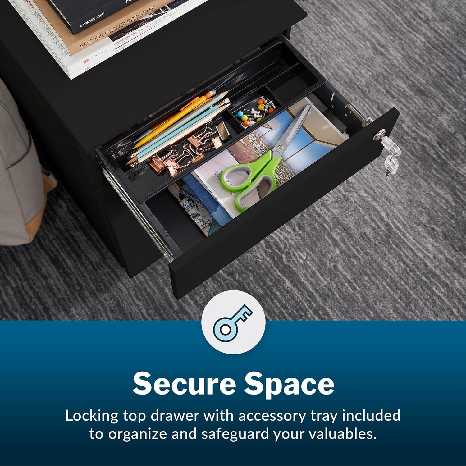 imageVari Essential File Cabinet  Home Office Filing Cabinet with Three Drawers for Storage  Metal Storage Cabinet with RollandLock Caster Wheels ampamp Lockable Top Drawer  Fully Assembled BlackBlack