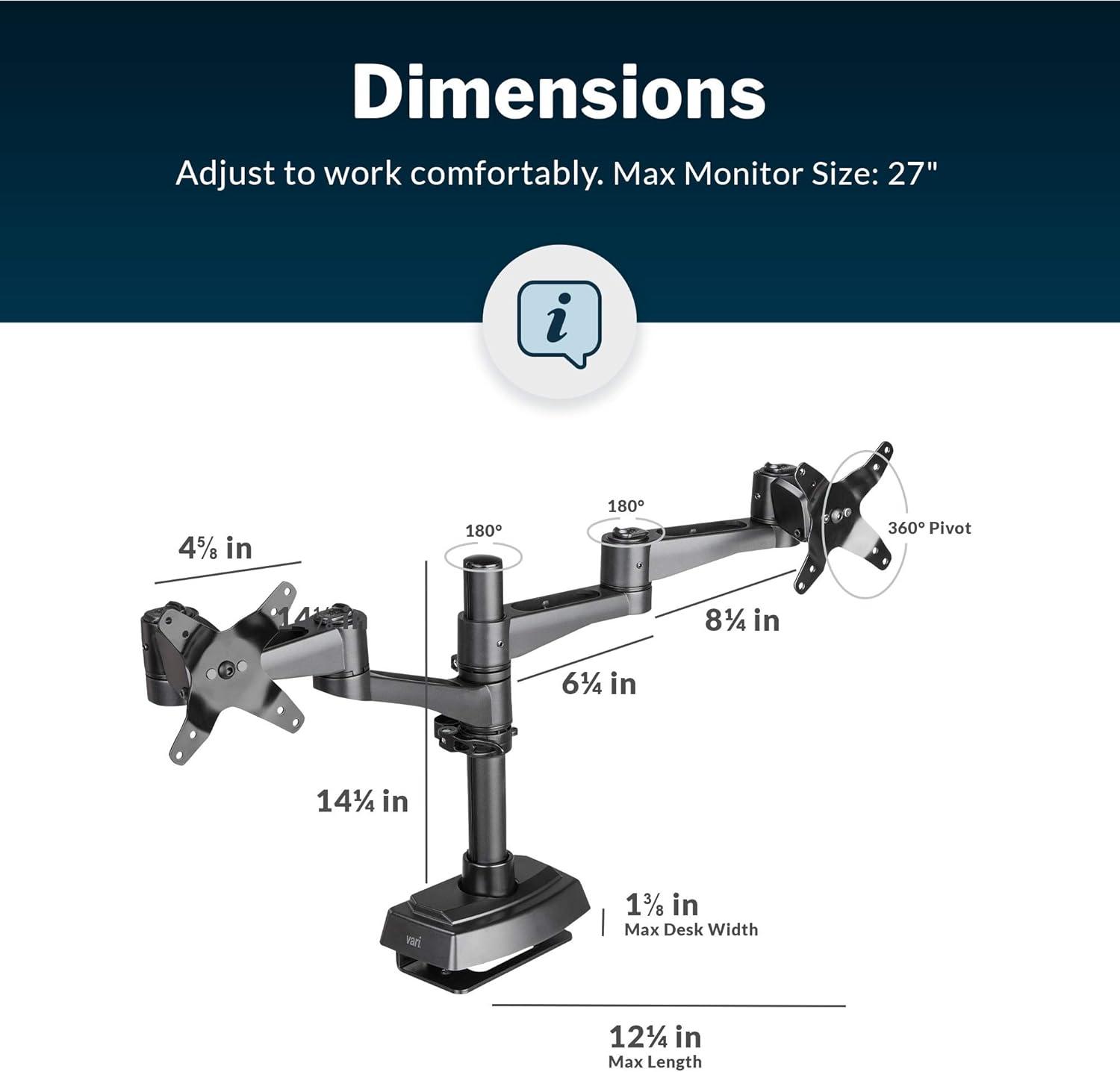 imageVari Triple Monitor Arm  VariDesk 3 Computer Monitor Mount Accessory  VESA Compatible Stand with 180 Degree Adjustment  Heavy Duty Articulating Arm  BlackDualMonitor Arm 180