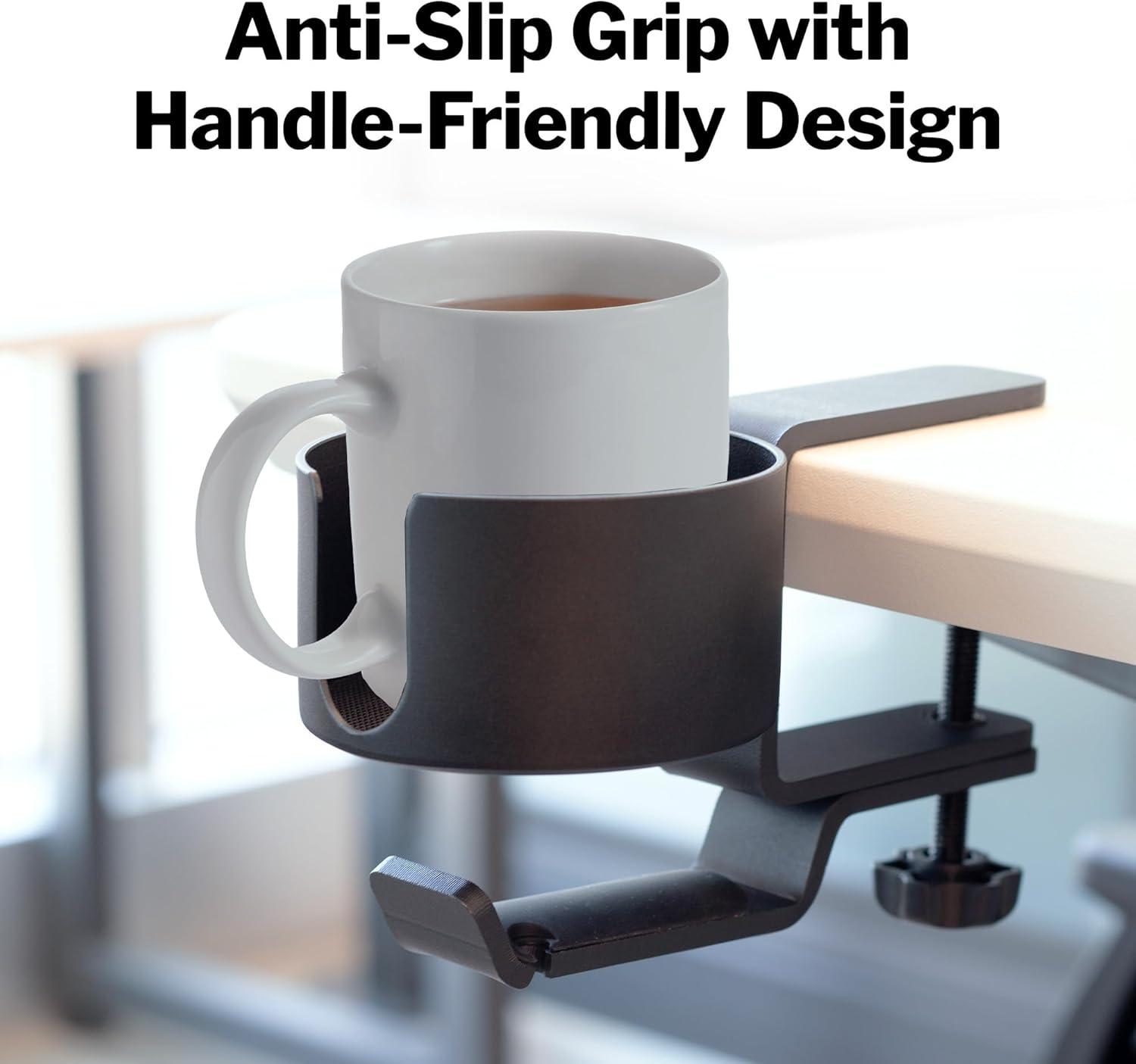 imageVari Cup Holder with Bag and Backpack Hook Home or Office Desk Accessory Fits Water Bottles Tumblers Cups and Mugs Durable and Sturdy Clamp Design