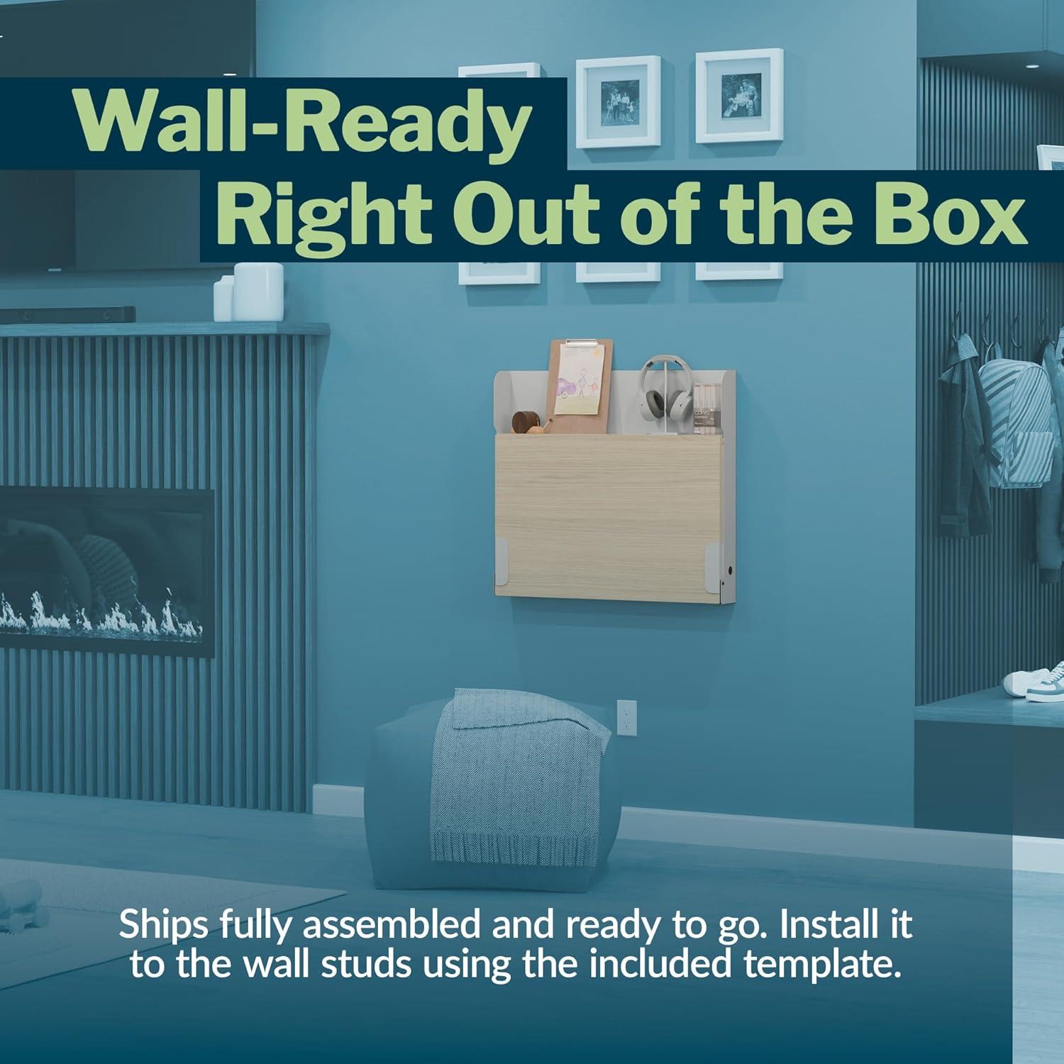 imageVari HideAway Wall Mounted Floating Desk  32 Foldable MurphyStyle Desk for Bedroom Dorm Apartment  Cable Ports Bungee Storage Shelf 100 Lb Capacity  Simple Assembly Dove GreyLight WoodDove GreyLight Wood