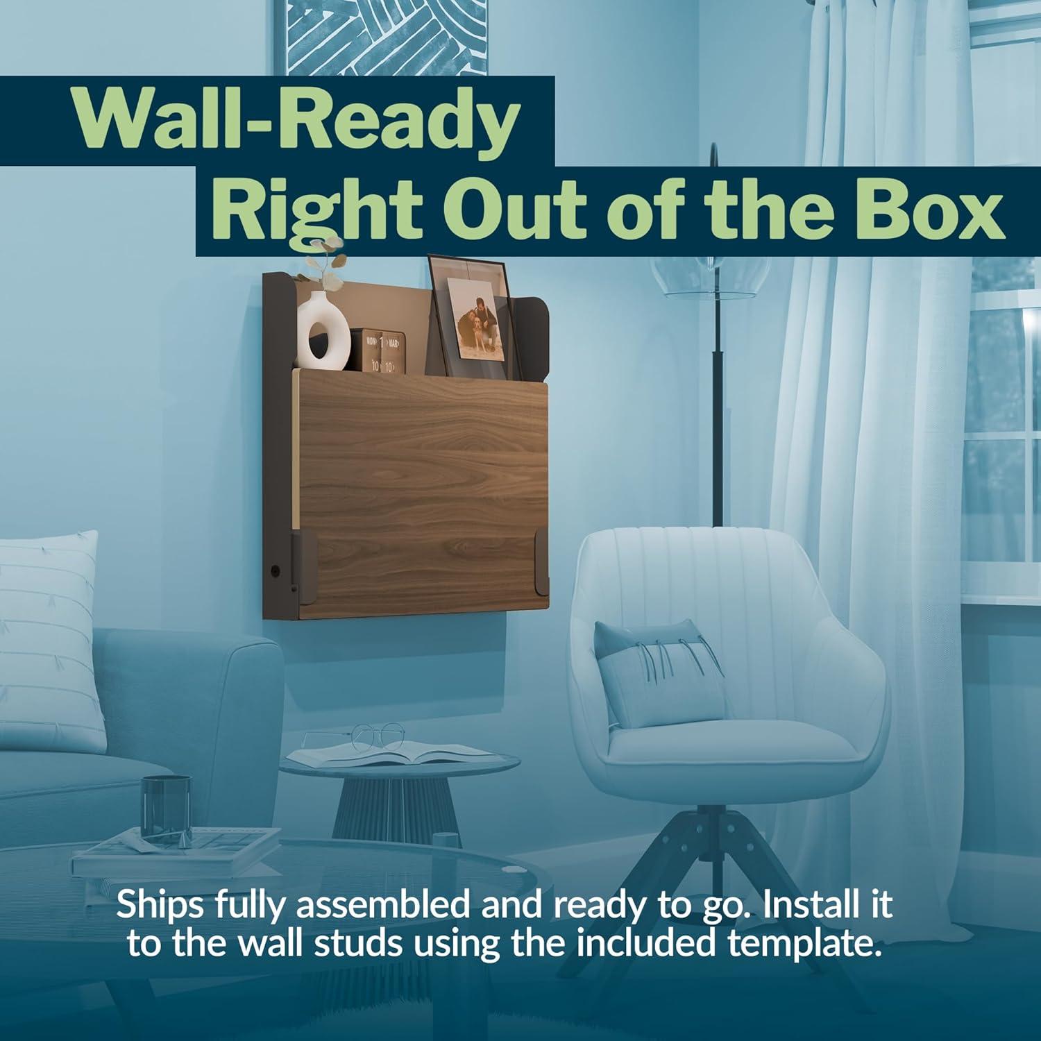 imageVari HideAway Wall Mounted Floating Desk  32 Foldable MurphyStyle Desk for Bedroom Dorm Apartment  Cable Ports Bungee Storage Shelf 100 Lb Capacity  Simple Assembly Dove GreyLight WoodSlateWalnut