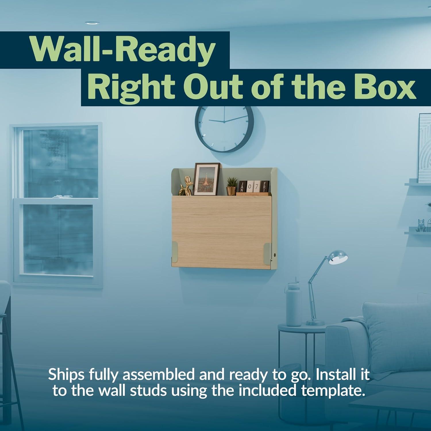 imageVari HideAway Wall Mounted Floating Desk  32 Foldable MurphyStyle Desk for Bedroom Dorm Apartment  Cable Ports Bungee Storage Shelf 100 Lb Capacity  Simple Assembly Dove GreyLight WoodSeafoamLight Wood