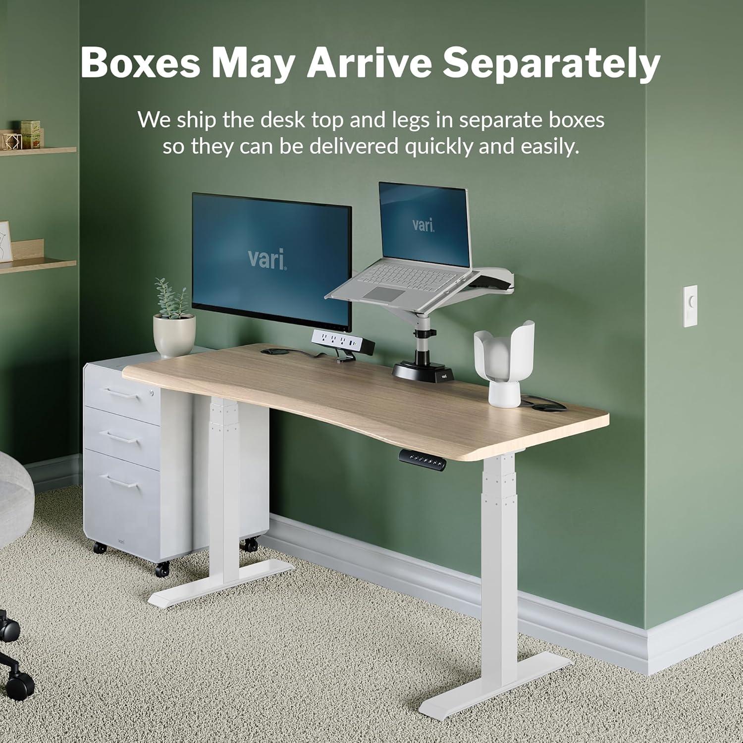 imageVari Ergo 54x26 Electric Standing Desk Height Adjustable Sit Stand VariDesk Curved Waterfall Edge 4 Memory Settings Quick Assembly Cable Management 200 lb Capacity Light Wood 2 BoxesLight Wood White